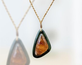 Pounamu Necklace with Natural Kauri Gum - Unique New Zealand Stone Art