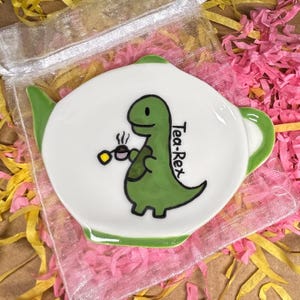 Hand-painted Ceramic Green “TEA-Rex” Teabag Dish