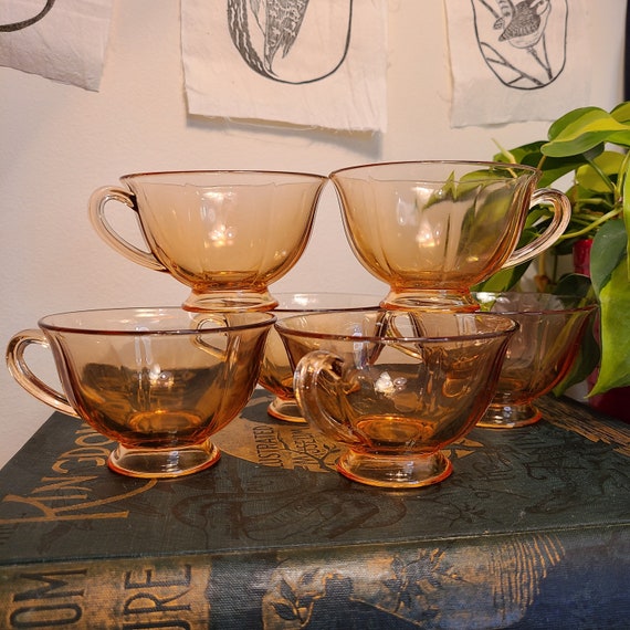 Set of 6 Pink Depression Glass Tea Cups Etsy