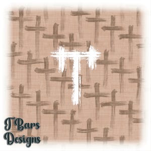 May include: A pattern of brown brushstroke crosses on a tan background, with a large white cross in the center. The text "J Bars Designs" is in the lower left corner.