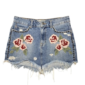 Free People Skirt Womens 27 Blue Denim Embroidered Studded Fringe Mini image 1