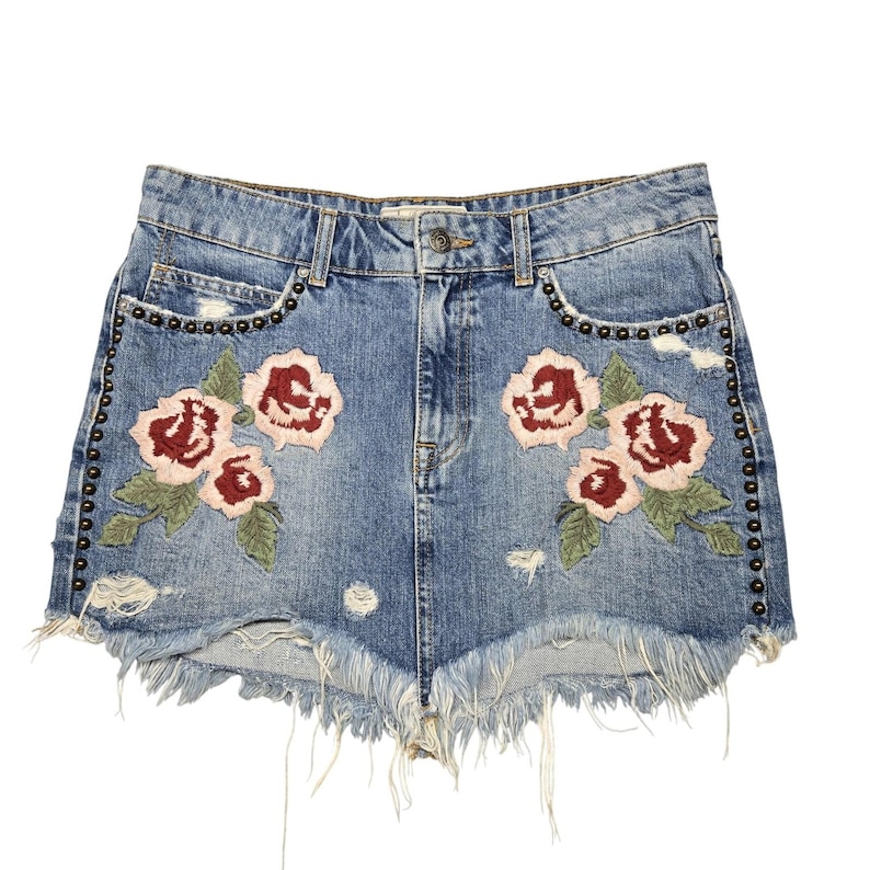 Free People Skirt Womens 27 Blue Denim Embroidered Studded Fringe Mini image 1