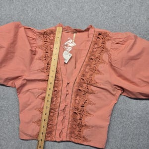 Free People Blouse Womens S Pink Cropped 100% Cotton Puff Sleeve Crochet image 11