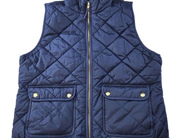 Chaleco J.CREW para mujer, talla L, azul, acolchado, poliéster, tafetán, bolsillos, cremallera completa.