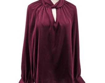 Skies Are Blue Blouse Womens L Purple Satin Tunic Balloon Sleeve High Neck