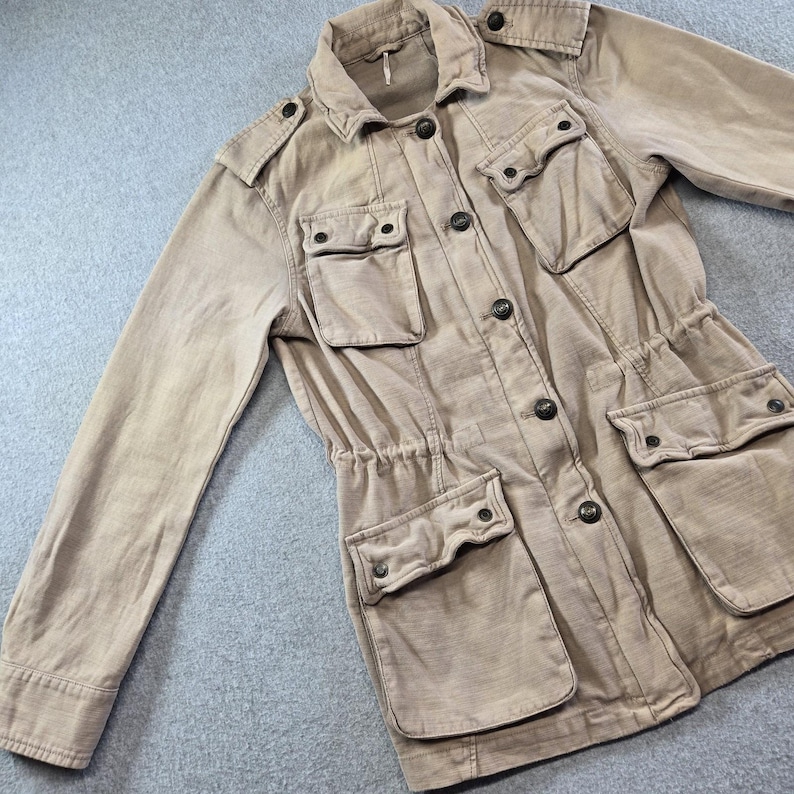Free People Jacket Womens S Beige Cotton Twill Military Collared Pockets Zip image 4