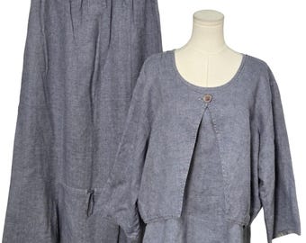 Conjunto de chaqueta, top y falda FLAX para mujer, talla L, azul, 100% lino, 3 piezas, corte relajado.