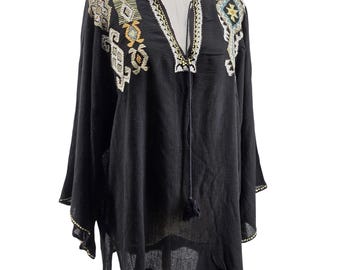Double D Ranch Blouse Womens L Black Tunic V-Neck Embroidered Tasseled Beaded