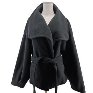 Free People Coatigan Womens M Black Fleece Belted Collared Pockets Open image 1