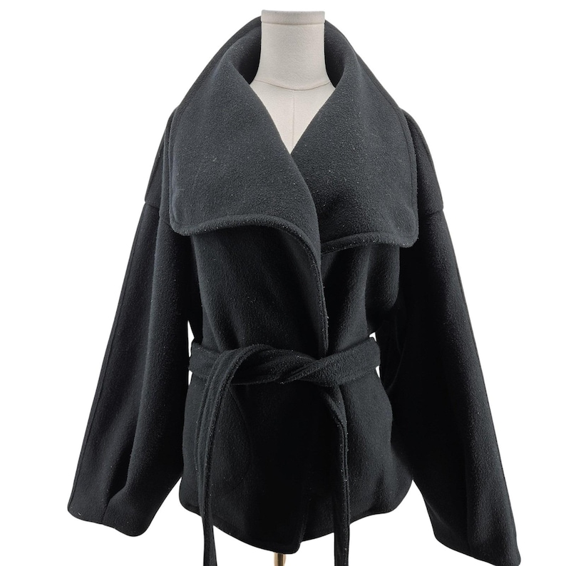 Free People Coatigan Womens M Black Fleece Belted Collared Pockets Open image 1
