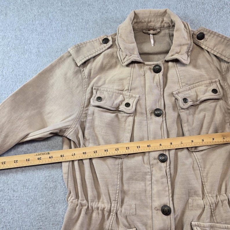Free People Jacket Womens S Beige Cotton Twill Military Collared Pockets Zip image 11