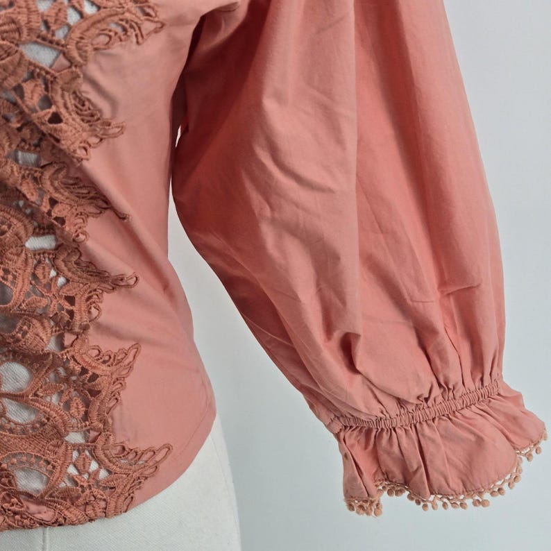 Free People Blouse Womens S Pink Cropped 100% Cotton Puff Sleeve Crochet image 4