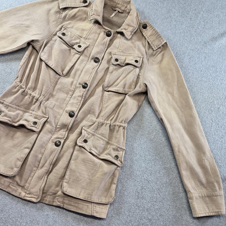 Free People Jacket Womens S Beige Cotton Twill Military Collared Pockets Zip image 5