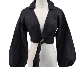 Lovers And Friends Blouse Womens S Black Cropped Linen Balloon Sleeve Buckle