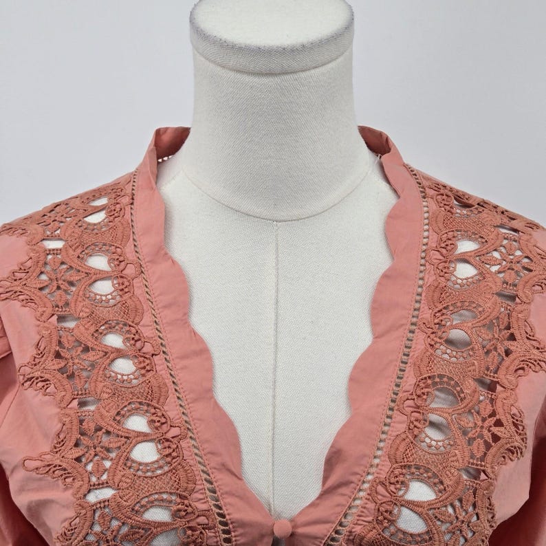 Free People Blouse Womens S Pink Cropped 100% Cotton Puff Sleeve Crochet image 2