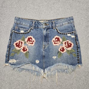 Free People Skirt Womens 27 Blue Denim Embroidered Studded Fringe Mini image 2