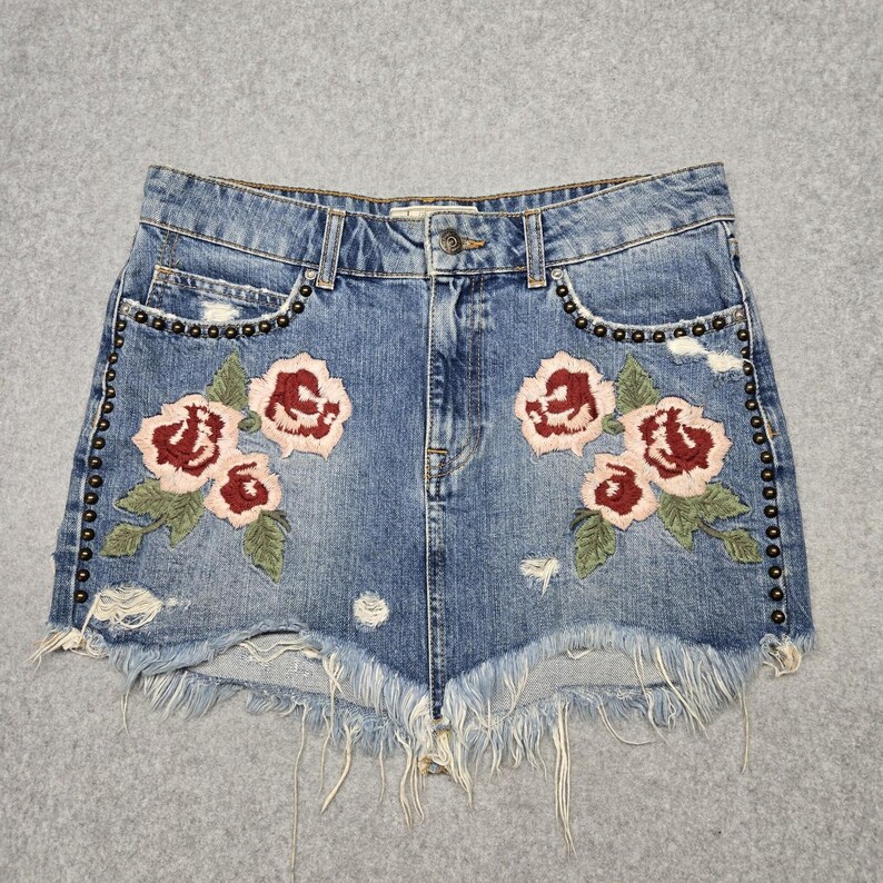 Free People Skirt Womens 27 Blue Denim Embroidered Studded Fringe Mini image 2