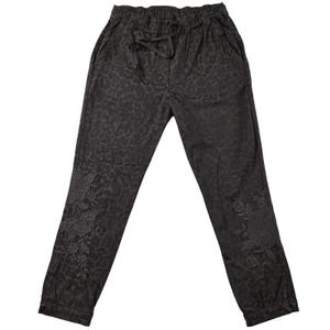 May include: Dark charcoal gray joggers featuring an all-over subtle leopard print pattern. The pants include an elastic waistband with a matching drawstring, side pockets, and tonal floral embroidery detailing on the lower legs near the cuffs.