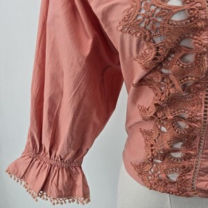 Free People Blouse Womens S Pink Cropped 100% Cotton Puff Sleeve Crochet image 3
