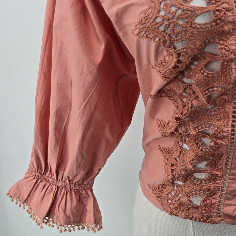 Free People Blouse Womens S Pink Cropped 100% Cotton Puff Sleeve Crochet image 3