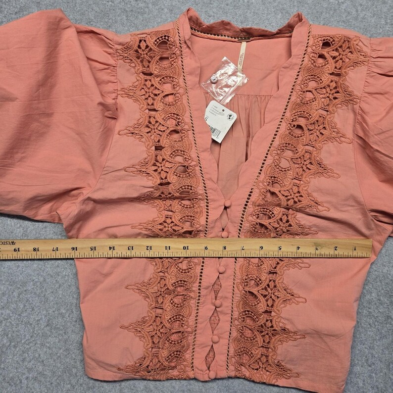 Free People Blouse Womens S Pink Cropped 100% Cotton Puff Sleeve Crochet image 10