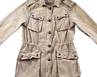 Free People Jacket Womens S Beige Cotton Twill Military Collared Pockets Zip