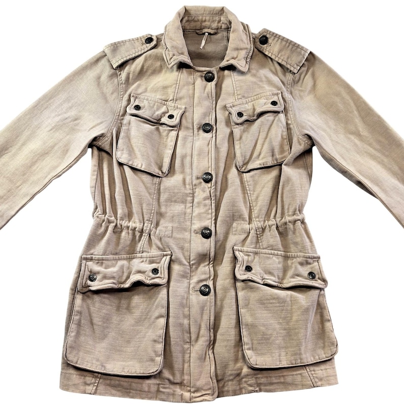 Free People Jacket Womens S Beige Cotton Twill Military Collared Pockets Zip image 1
