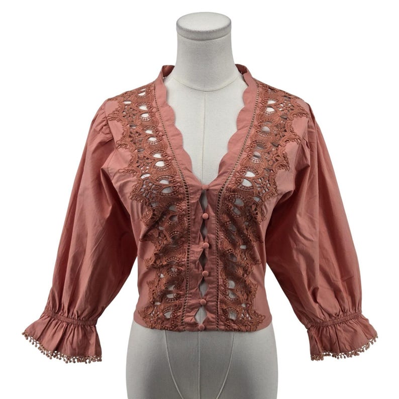 Free People Blouse Womens S Pink Cropped 100% Cotton Puff Sleeve Crochet image 1