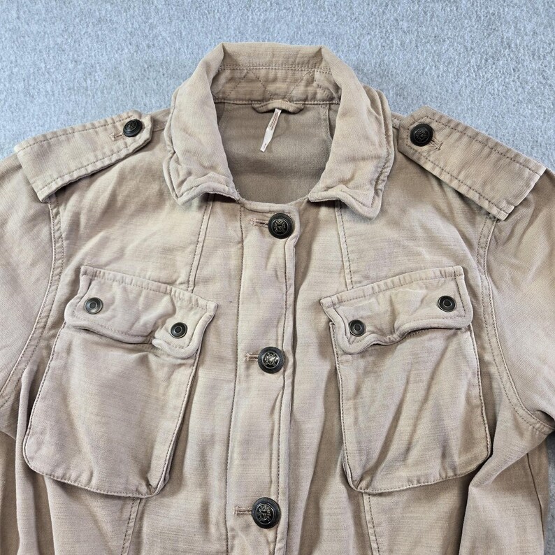 Free People Jacket Womens S Beige Cotton Twill Military Collared Pockets Zip image 2