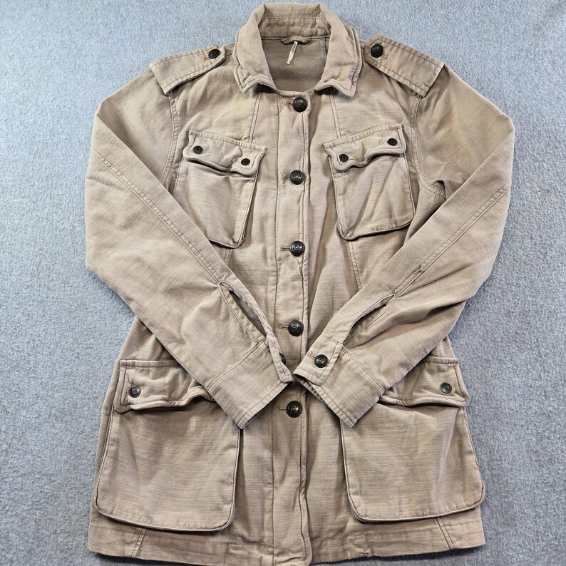 Free People Jacket Womens S Beige Cotton Twill Military Collared Pockets Zip image 6