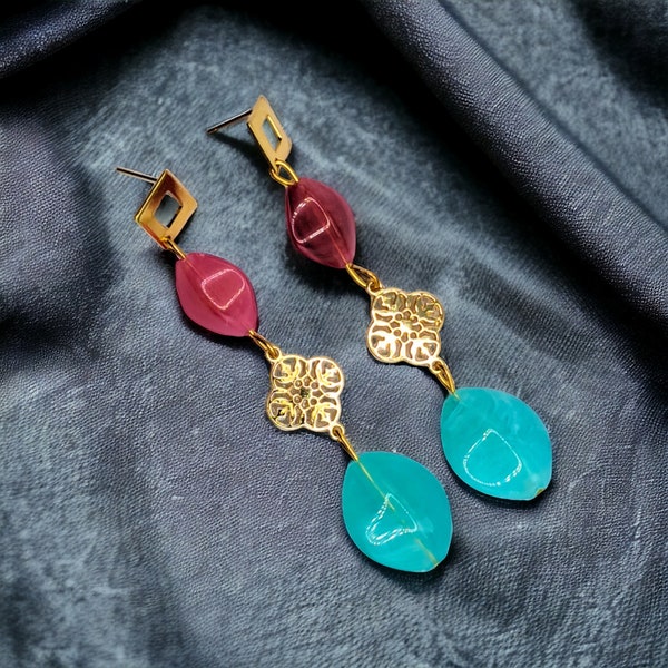 Boucles d'oreilles audacieuses en perles de resine fushia et turquoise ,vibrantes acier inoxydable doré ,bijoux d'été ,unique,cadeau maman