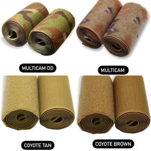 Peut inclure: Plusieurs rouleaux de sangles auto-agrippantes tactiques, pr&eacute;sent&eacute;s en motifs de camouflage et en couleurs unies. L'image affiche des &eacute;tiquettes "MULTICAM OD", "MULTICAM", "COYOTE TAN" et "COYOTE BROWN". Ces sangles sont con&ccedil;ues pour fixer du mat&eacute;riel.
