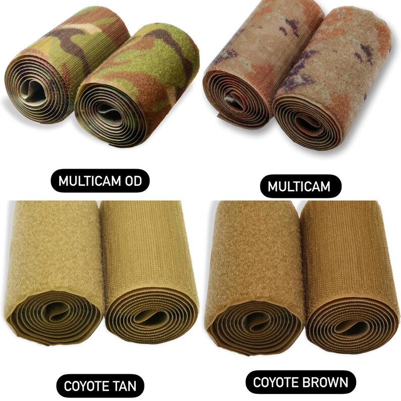 Peut inclure: Plusieurs rouleaux de sangles auto-agrippantes tactiques, pr&eacute;sent&eacute;s en motifs de camouflage et en couleurs unies. L'image affiche des &eacute;tiquettes "MULTICAM OD", "MULTICAM", "COYOTE TAN" et "COYOTE BROWN". Ces sangles sont con&ccedil;ues pour fixer du mat&eacute;riel.