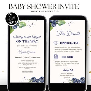 Editable Berry Baby Shower Invitation, Blueberry Baby Shower Invite, Baby Brunch, Raffle,Registry,Canva Template Announcement