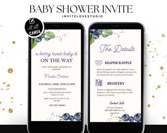 Editable Berry Baby Shower Invitation, Blueberry Baby Shower Invite, Baby Brunch, Raffle,Registry, Canva Template Announcement