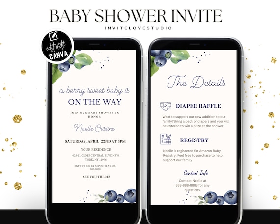 Editable Berry Baby Shower Invitation, Blueberry Baby Shower Invite, Baby Brunch, Raffle,Registry, Canva Template Announcement