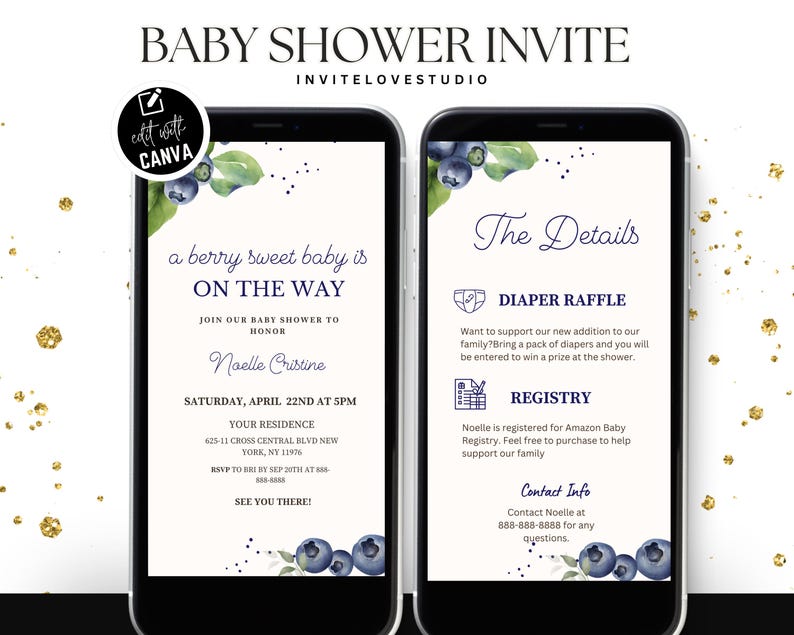 Editable Berry Baby Shower Invitation, Blueberry Baby Shower Invite, Baby Brunch, Raffle,Registry,Canva Template Announcement