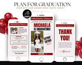 Puede incluir: Un anuncio de graduación con el estilo de un periódico. El anuncio presenta una foto de una mujer con un vestido blanco y un gorro, y el texto "Michaela is Graduating!" El anuncio también incluye la fecha y la hora de la fiesta de graduación, así como la información de RSVP.