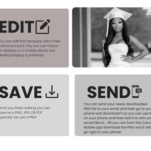 May include: A graphic with instructions on how to edit, save, and send a template using Canva. The graphic features a black and white photo of a person wearing a graduation cap and gown.
