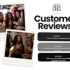 May include: Customer reviews for an invitation design template. The reviews are positive and include comments about the ease of customization and the classy design. The template is shown in a photo of a group of friends celebrating.
