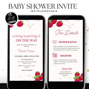 Puede incluir: Una invitación a un baby shower con temática de frambuesa. La invitación está diseñada para parecerse a la pantalla de un teléfono inteligente y presenta una combinación de colores rosa y blanco. El texto de la invitación dice "a berry sweet baby is on the way".
