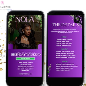 New Orleans Birthday Birthday Weekend Invitation, Purple Green Diamonds Nola Girl Trip Invite,Digital Itinerary, Canva Evite