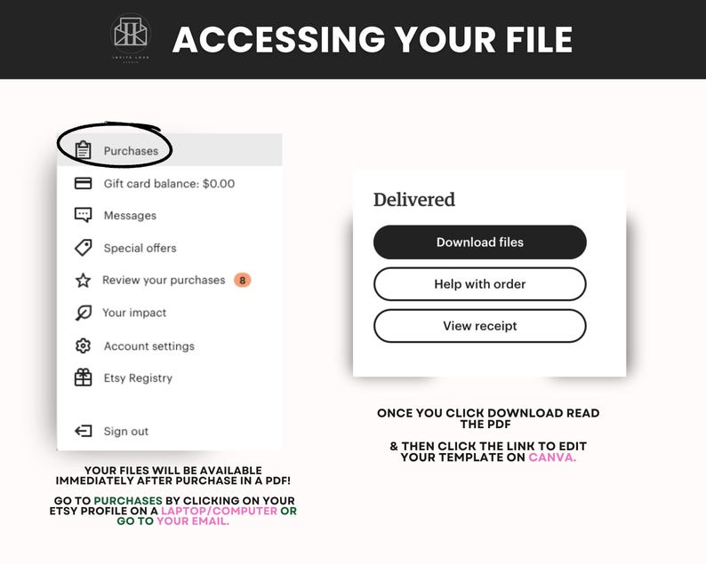 May include: A digital guide titled "ACCESSING YOUR FILE" with instructions on how to download files after purchase. The guide shows the "Purchases" section on Etsy and the "Delivered" section with download options. Text includes instructions to edit the template on Canva.
