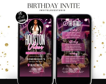 Houston Birthday Girl Trip Invitation, Editable Itinerary (Canva Template, Digital Evite)
