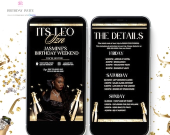 Black and Gold Leo Birthday Weekend Invitation, Digital Birthday Girl Trip Invite, Digital Itinerary, Canva Editable Template Evite
