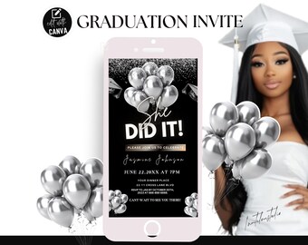 Digital She Did It Invitation, Editable Silver Balloons Grad Party Template, Graduation Flyer, Animated Canva Graduation Announcement