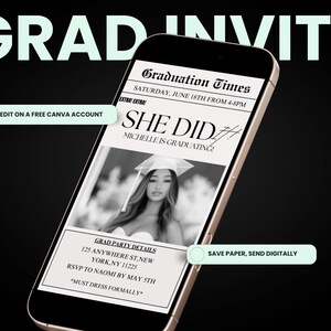May include: A black and white photo of a person wearing a graduation cap and gown. The photo is on a smartphone screen with a graduation announcement that says "She Did!" and "Michelle is graduating!" The announcement also includes the date and time of the graduation party, the address, and an RSVP request.