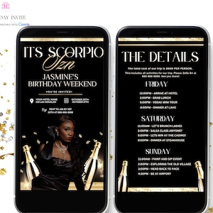 Black & Gold Scorpio Birthday Weekend Invitation, Digital Birthday Girl Trip Invite, Digital Itinerary, Canva Editable Template Evite