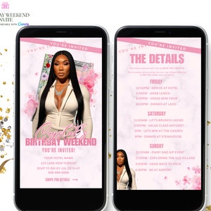 Pink and White Birthday Birthday Weekend Invitation, Digital Birthday Girl Trip Invite, Digital Itinerary, Canva Editable Template Evite