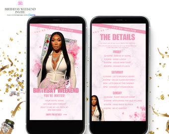 Pink and White Birthday Birthday Weekend Invitation, Digital Birthday Girl Trip Invite, Digital Itinerary, Canva Editable Template Evite